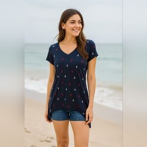 Navy Anchor Print High Low V Neck Tee Size Small Oversized Nautical Summer Beach